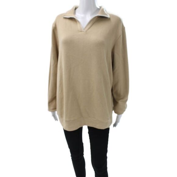 Muze Tops - Muze Women Beige Wool Blend Collared Zip Pullover Sweatshirt Size XL